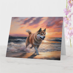 Sandy Paws Akita Dog on Beach Sunset Card