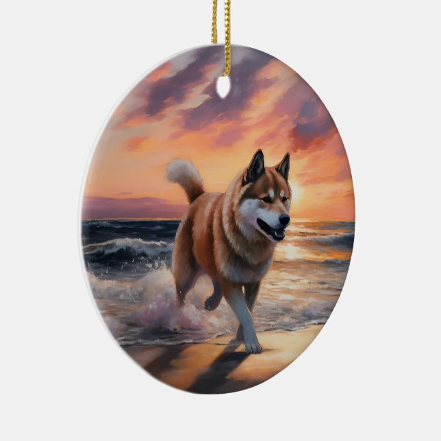 Sandy Paws Akita Dog on Beach Sunset Ceramic Ornament (Right)