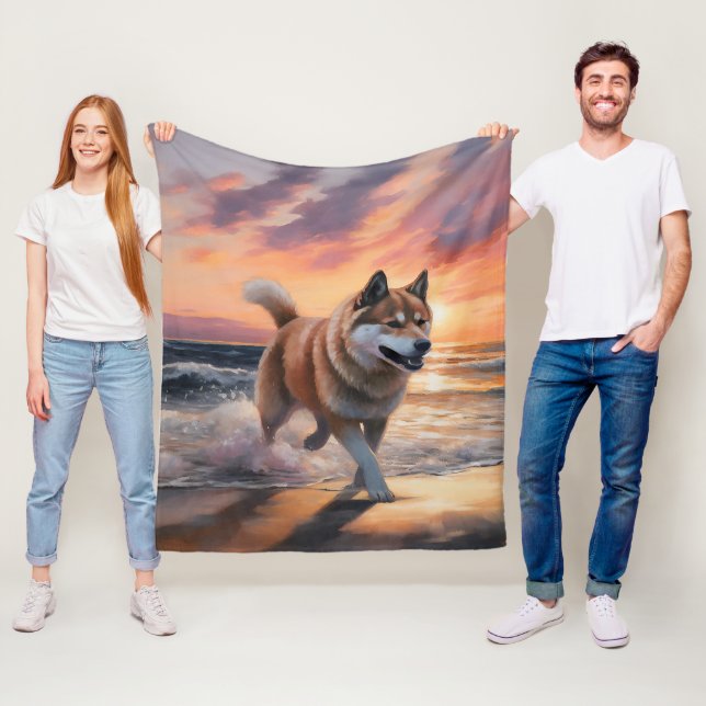 Sandy Paws Akita Dog on Beach Sunset Fleece Blanket (In Situ)