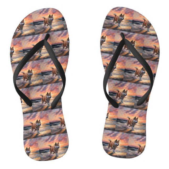 Sandy Paws Akita Dog on Beach Sunset Flip Flops (Footbed)