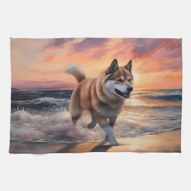 Sandy Paws Akita Dog on Beach Sunset Kitchen Towel (Horizontal)