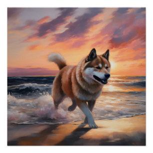Sandy Paws Akita Dog on Beach Sunset Poster