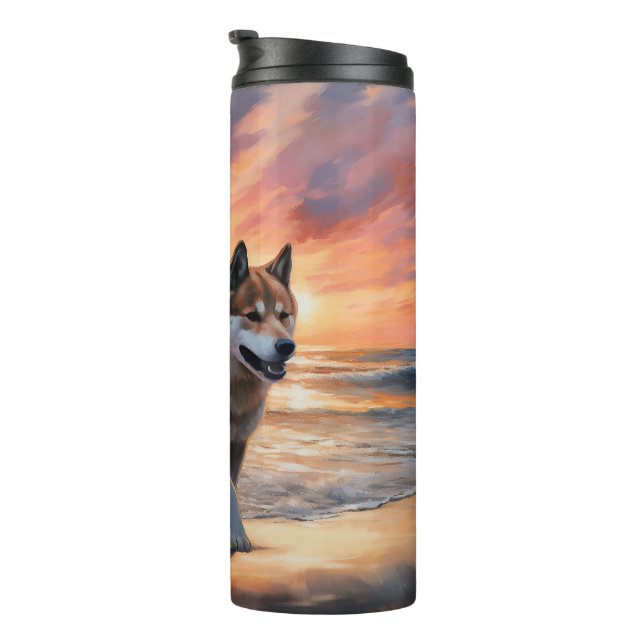 Sandy Paws Akita Dog on Beach Sunset Thermal Tumbler (Rotated Right)