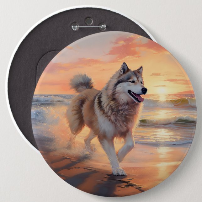 Sandy Paws Alaskan Malamute Dog on Beach Sunset 6 Inch Round Button (Front & Back)