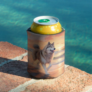 Sandy Paws Alaskan Malamute Dog on Beach Sunset Can Cooler