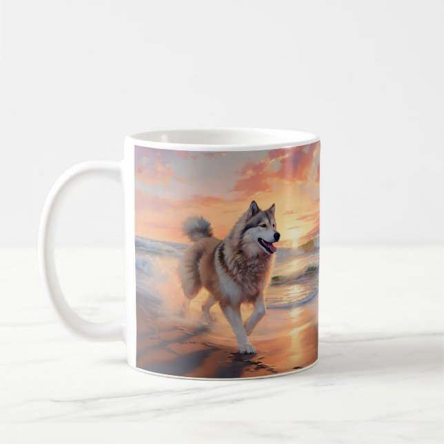 Sandy Paws Alaskan Malamute Dog on Beach Sunset Coffee Mug (Left)