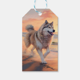Sandy Paws Alaskan Malamute Dog on Beach Sunset Gift Tags