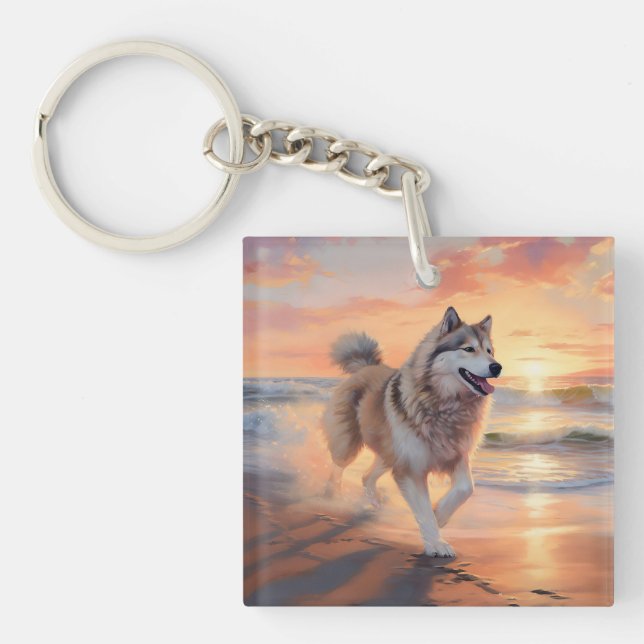 Sandy Paws Alaskan Malamute Dog on Beach Sunset Keychain (Front)