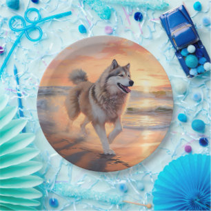 Sandy Paws Alaskan Malamute Dog on Beach Sunset Paper Plate
