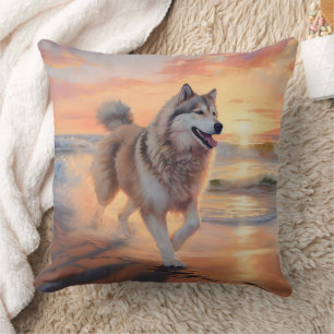 Sandy Paws Alaskan Malamute Dog on Beach Sunset Throw Pillow