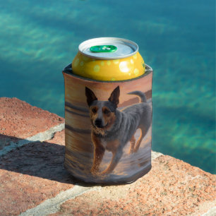 Sandy Paws Australian Cattle Dog on Beach Sunset Can Cooler