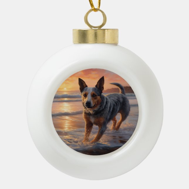 Sandy Paws Australian Cattle Dog on Beach Sunset Ceramic Ball Christmas Ornament (Front)