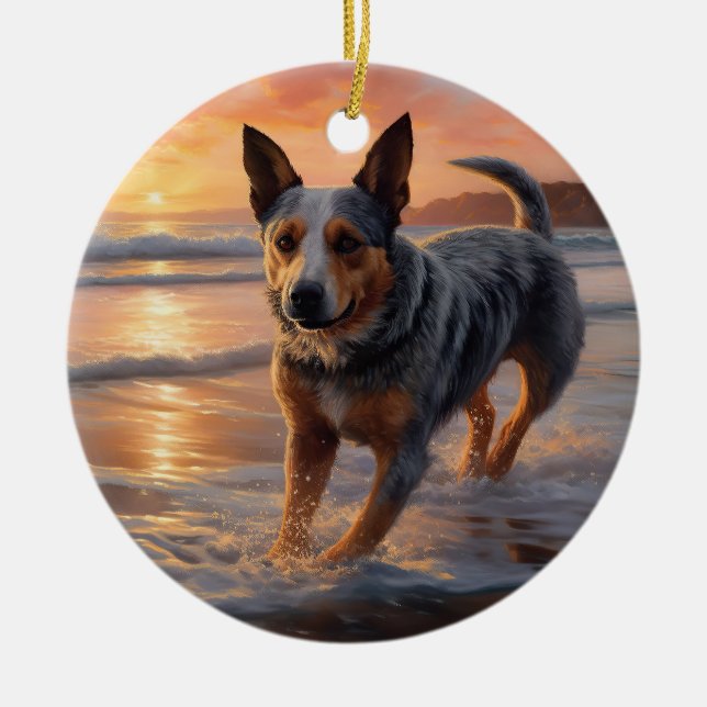 Sandy Paws Australian Cattle Dog on Beach Sunset Ceramic Ornament (Front)