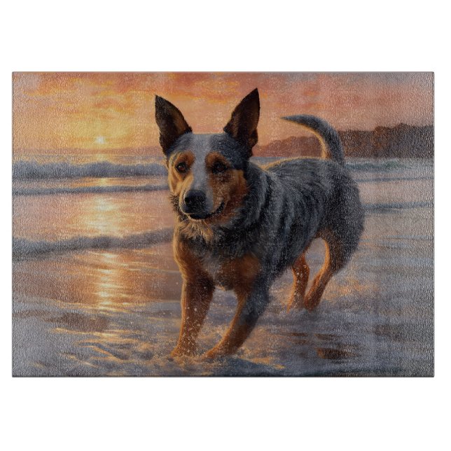 Sandy Paws Australian Cattle Dog on Beach Sunset Cutting Board (Front)