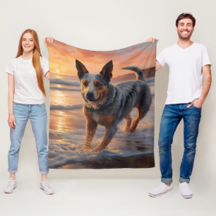 Sandy Paws Australian Cattle Dog on Beach Sunset Fleece Blanket