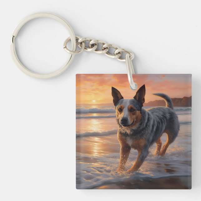 Sandy Paws Australian Cattle Dog on Beach Sunset Keychain (Front)