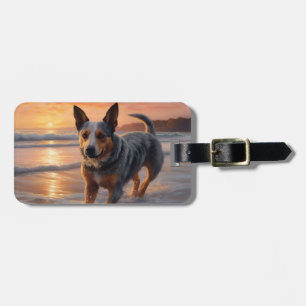 Sandy Paws Australian Cattle Dog on Beach Sunset Luggage Tag