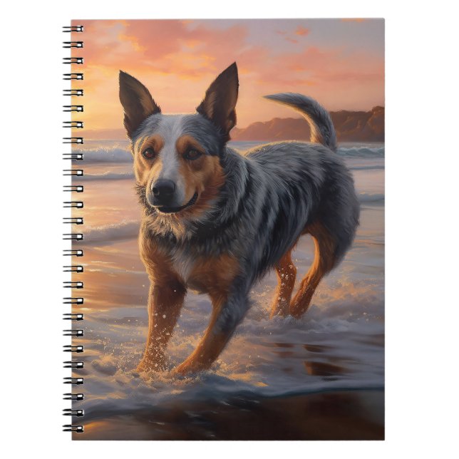 Sandy Paws Australian Cattle Dog on Beach Sunset Notebook (Front)