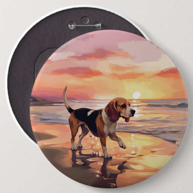 Sandy Paws Beagle Dog on Beach Sunset  6 Inch Round Button (Front & Back)
