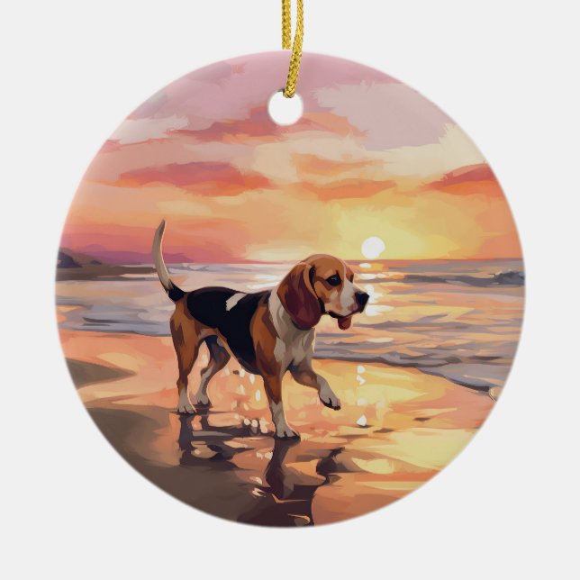 Sandy Paws Beagle Dog on Beach Sunset  Ceramic Ornament (Front)