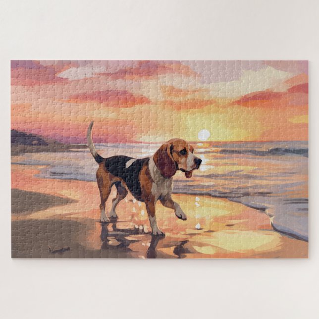Sandy Paws Beagle Dog on Beach Sunset  Jigsaw Puzzle (Horizontal)