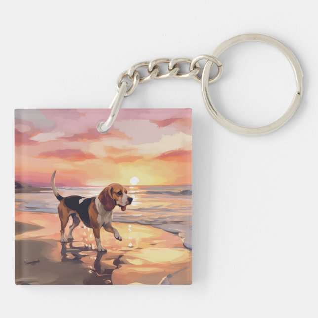 Sandy Paws Beagle Dog on Beach Sunset  Keychain (Back)