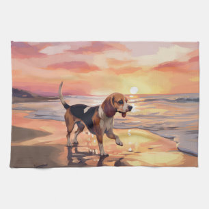 Sandy Paws Beagle Dog on Beach Sunset  Kitchen Towel