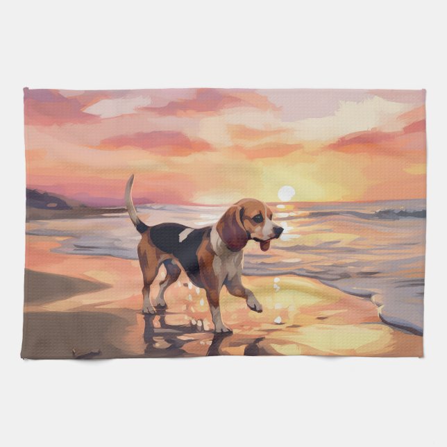 Sandy Paws Beagle Dog on Beach Sunset  Kitchen Towel (Horizontal)