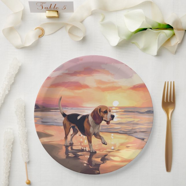 Sandy Paws Beagle Dog on Beach Sunset  Paper Plate (Wedding)