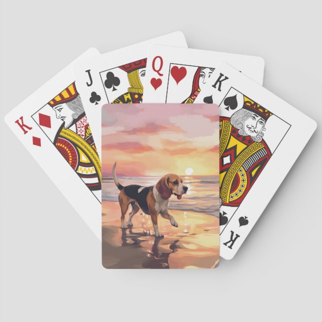 Sandy Paws Beagle Dog on Beach Sunset  Playing Cards (Back)