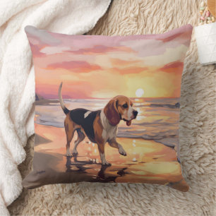 Sandy Paws Beagle Dog on Beach Sunset Throw Pillow