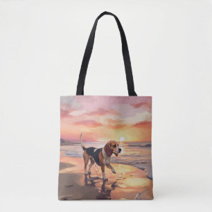 Sandy Paws Beagle Dog on Beach Sunset Tote Bag