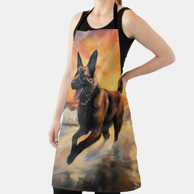Sandy Paws Belgian Malinois Dog on Beach Sunset  Apron (Insitu)