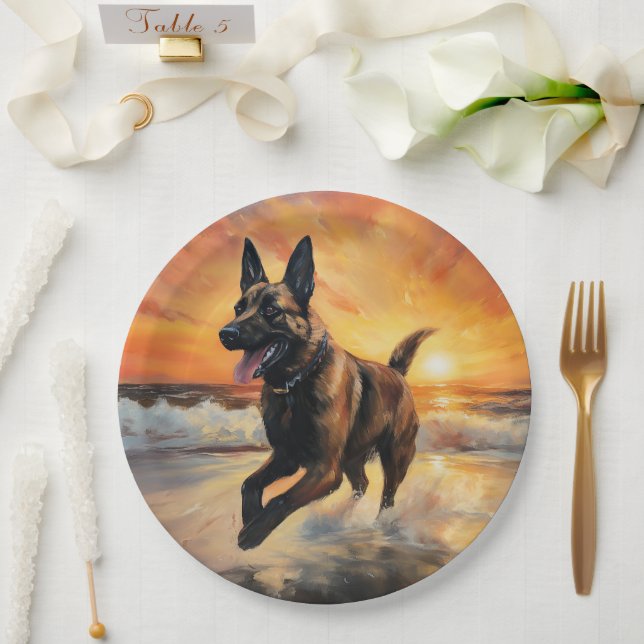 Sandy Paws Belgian Malinois Dog on Beach Sunset  Paper Plate (Wedding)
