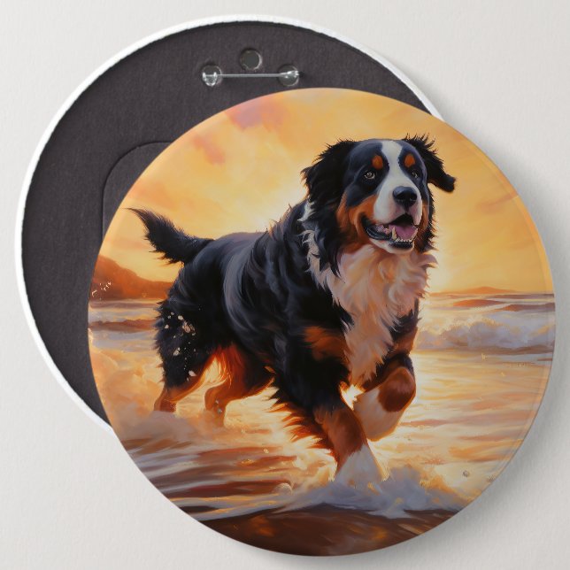 Sandy Paws Bernese Mountain Dog on Beach Sunset  6 Inch Round Button (Front & Back)