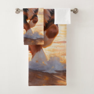 Sandy Paws Bernese Mountain Dog on Beach Sunset Bath Towel Set