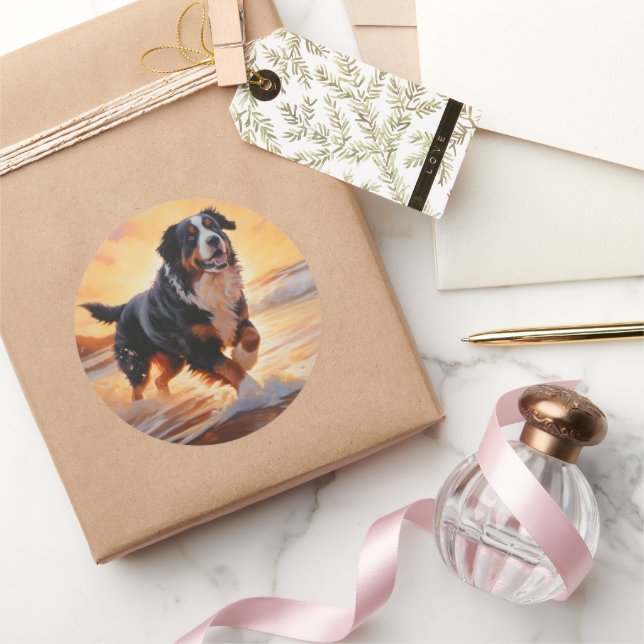 Sandy Paws Bernese Mountain Dog on Beach Sunset  Classic Round Sticker (Gifting)