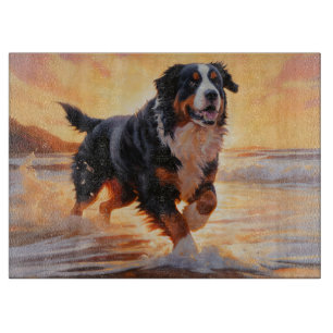 Sandy Paws Bernese Mountain Dog on Beach Sunset  Cutting Board
