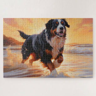 Sandy Paws Bernese Mountain Dog on Beach Sunset  Jigsaw Puzzle