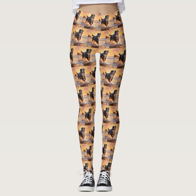 Sandy Paws Bernese Mountain Dog on Beach Sunset  Leggings (Front)
