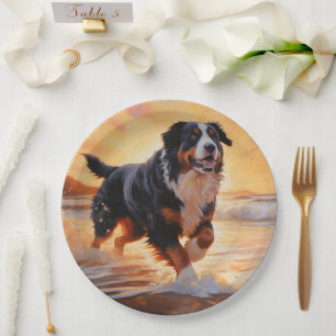 Sandy Paws Bernese Mountain Dog on Beach Sunset Paper Plate