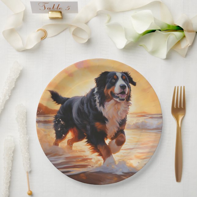 Sandy Paws Bernese Mountain Dog on Beach Sunset  Paper Plate (Wedding)