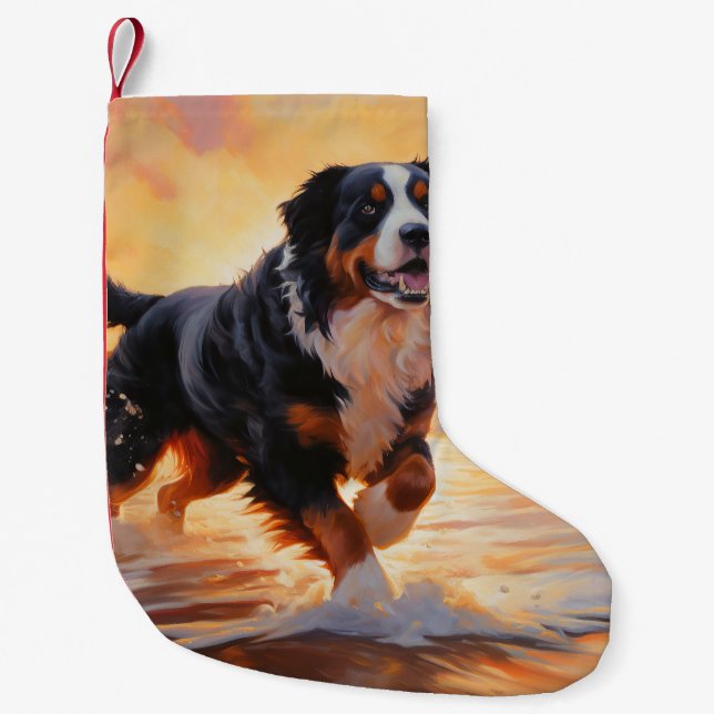 Sandy Paws Bernese Mountain Dog on Beach Sunset  Small Christmas Stocking (Front)
