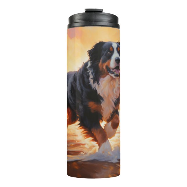 Sandy Paws Bernese Mountain Dog on Beach Sunset  Thermal Tumbler (Front)