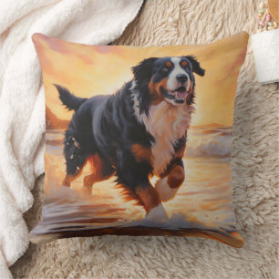Sandy Paws Bernese Mountain Dog on Beach Sunset  Throw Pillow