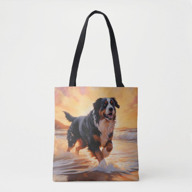 Sandy Paws Bernese Mountain Dog on Beach Sunset  Tote Bag (Front)