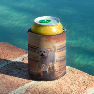 Sandy Paws Bichon Frise Dog on Beach Sunset Can Cooler