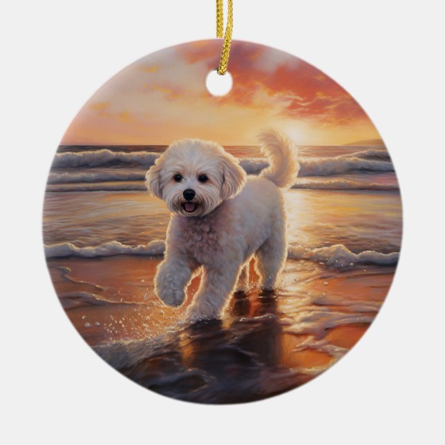 Sandy Paws Bichon Frise Dog on Beach Sunset  Ceramic Ornament (Front)
