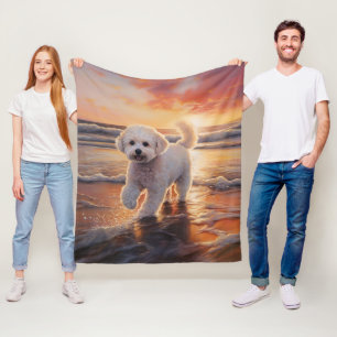 Sandy Paws Bichon Frise Dog on Beach Sunset  Fleece Blanket