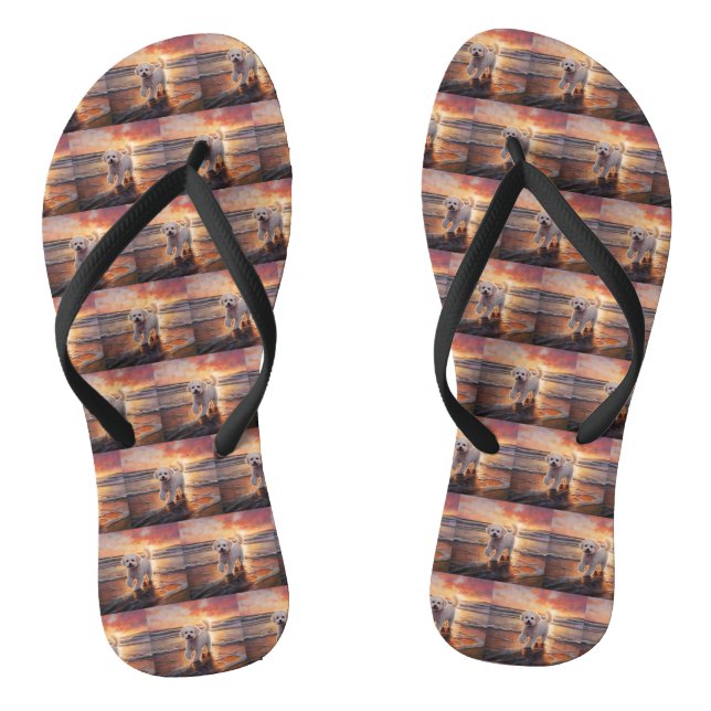 Sandy Paws Bichon Frise Dog on Beach Sunset  Flip Flops (Footbed)
